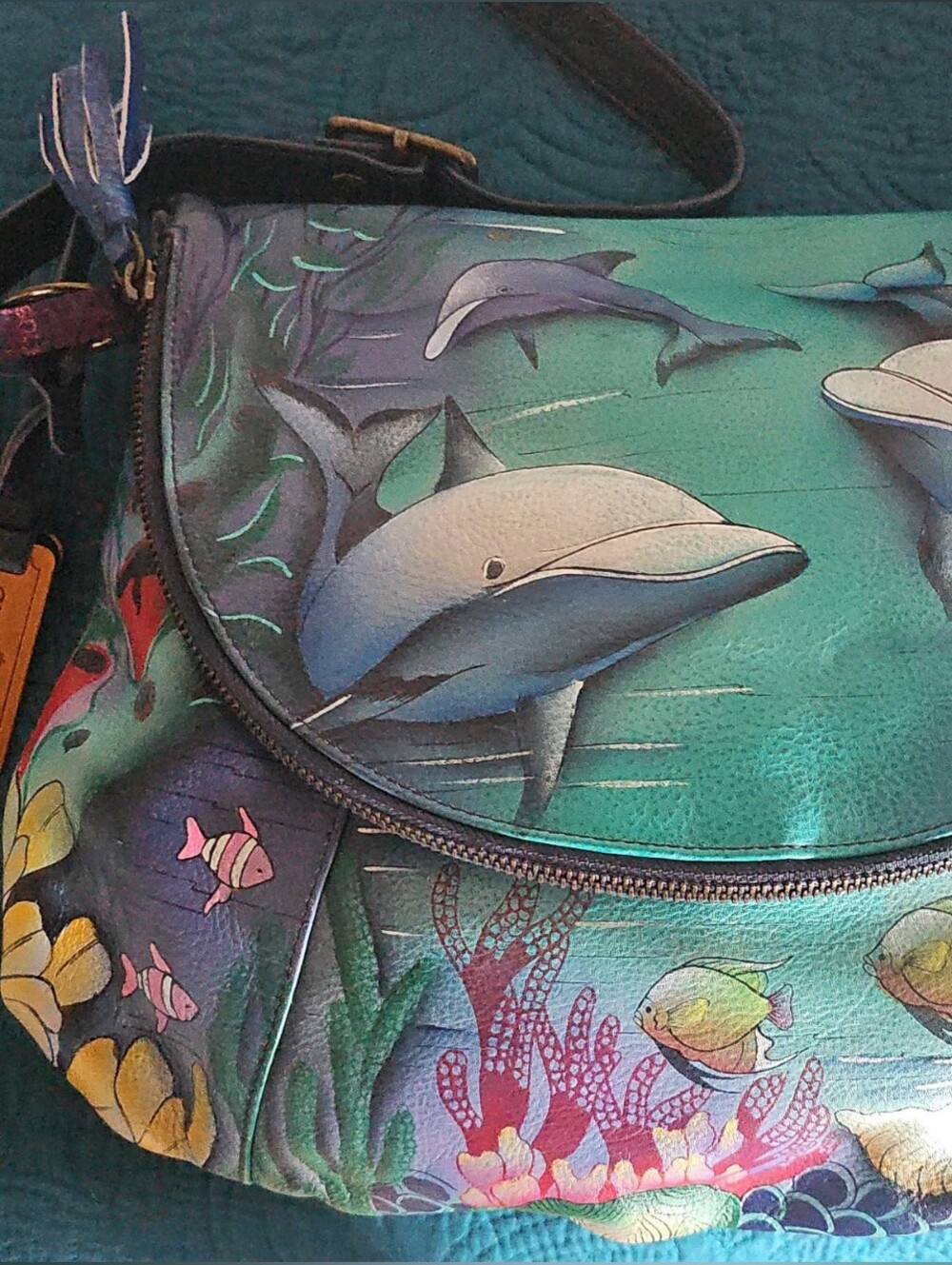 Anuschka Teal Multi Dolphin Print Shoulder Bag